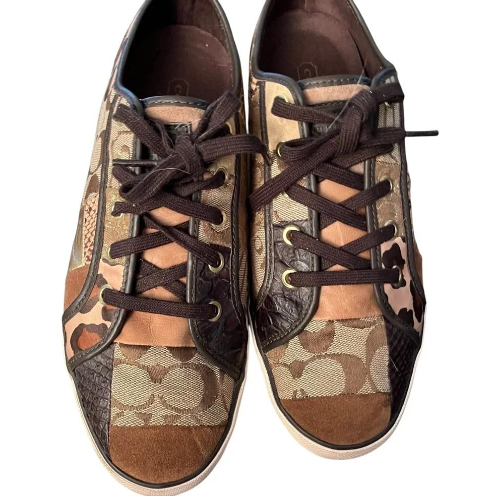 Coach size 10 Brown and Tan animal print patchwork Sneakers